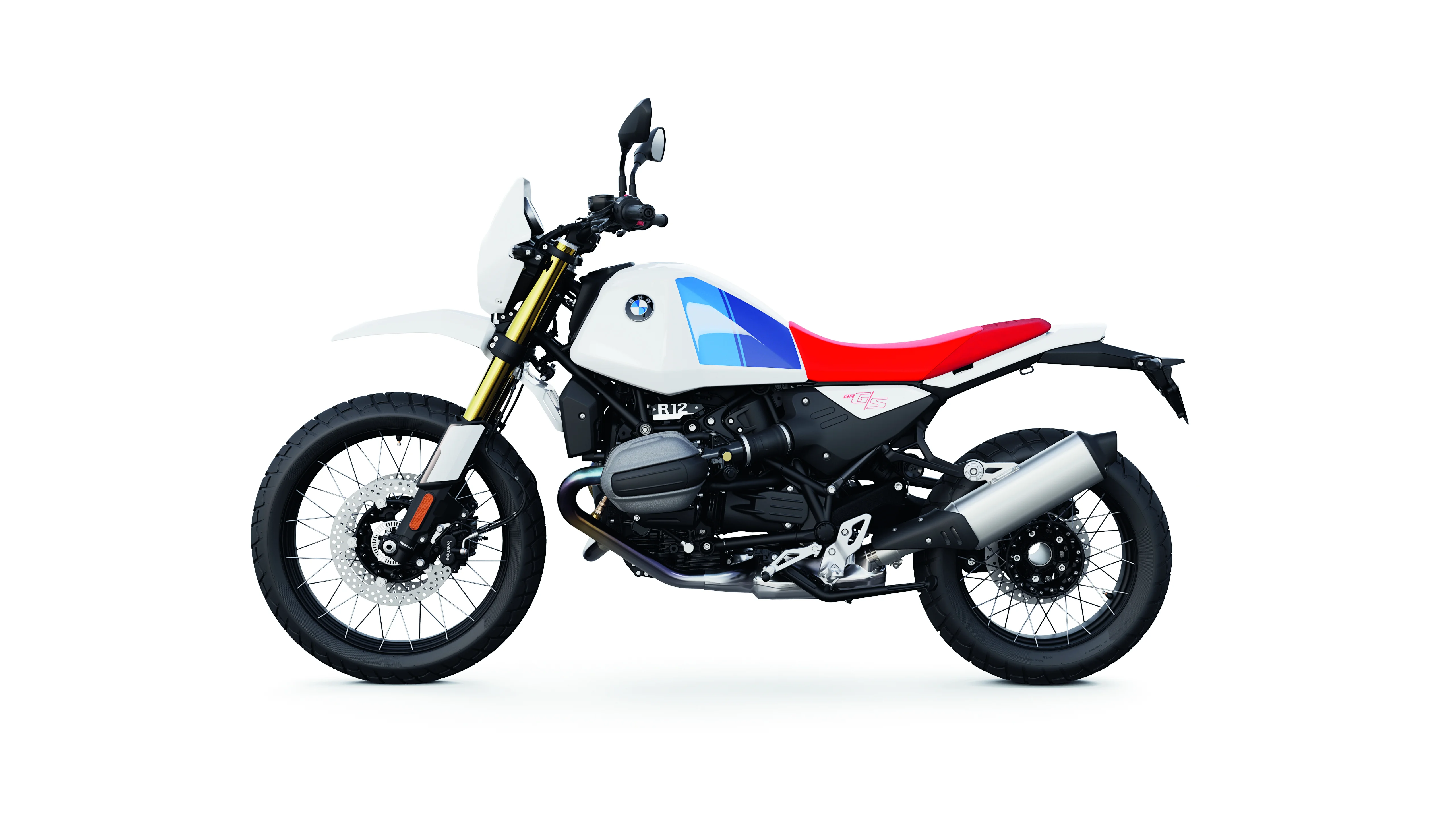 2026 BMW R 12 G/S Light White left side profile showing the retro adventure motorcycle design